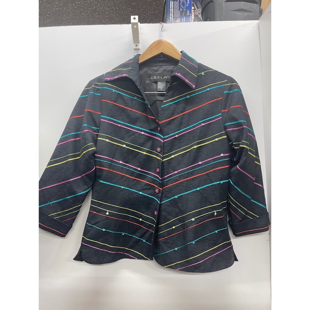 Silkland Womens Black 100% Silk Blazer Rainbow Embroidered Beaded Jacket Small